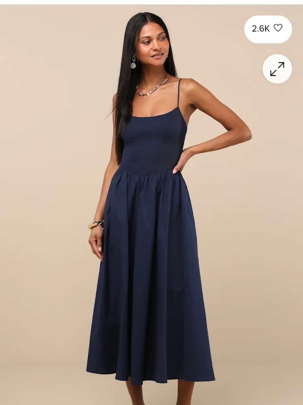 Lulu's Navy Smocked Bodice Midi Dress with Spaghetti Straps